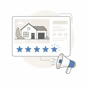 Illustration of a house depicted on a review card with a five-star rating and a megaphone suggesting a customer review or announcement.