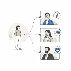Person connects remotely to three online specialists via video calls, illustrating options for expert consultation.