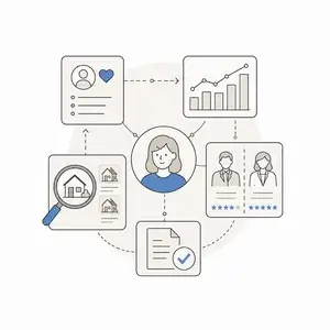 Central user icon connected to cards for profile, analytics chart, property search, checklist document, and staff IDs.