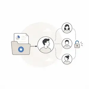 Shared folder with documents connected to a central user and several other users, with a padlock indicating secure access.