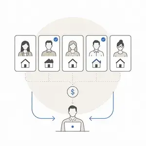 Flow diagram: five leads (person icons above home symbols) funnel into a central salesperson; curved arrows converge to the bottom desk; dollar icon indicates revenue.