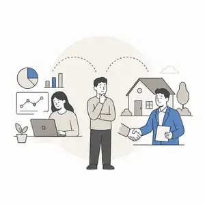 Three professionals collaborate: a woman on a laptop with charts, a man thinking, and a man in a suit handing documents near a house in the background.
