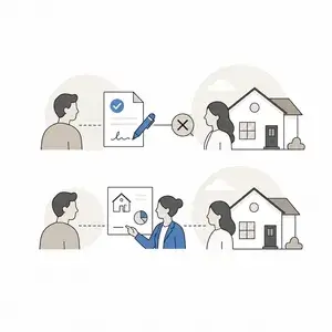 Two illustrated scenes of home buying advice: in the top row, a man shows a chart to a woman with a house icon between them; in the bottom row, a man points at a blueprint while a woman looks on at a house.