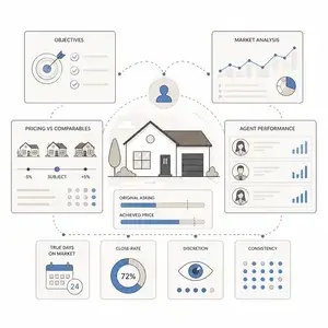 Infographic: a central house connected to dashboards for market analysis, pricing, agent performance, and days on market.