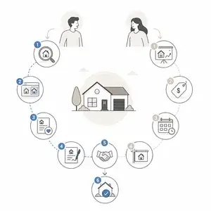 Circular infographic around a central house showing steps in the home ownership process (planning, budgeting, financing, inspection, maintenance).