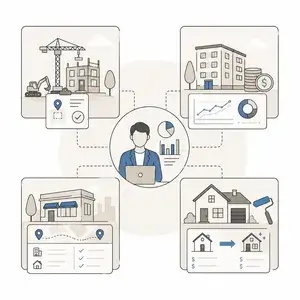 Center figure with a laptop connected to five panels showing construction, architecture, planning, and graphs for a project dashboard, workflow hub.