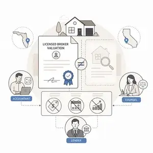 Illustration of a real estate transaction workflow with documents, a house, and roles around it (lender, licensed broker valuation, accountant, and counsel).