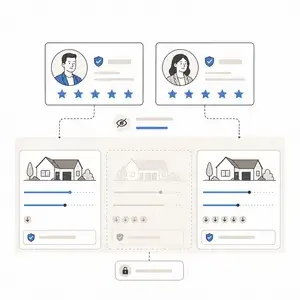 Infographic showing two trust-profile cards feeding into three property listing cards with progress bars, illustrating a multi-step verification flow.