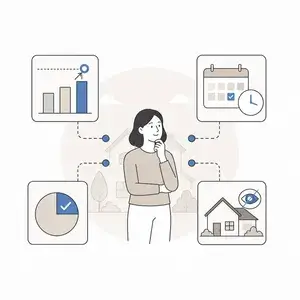 Illustration of a thoughtful woman connected to four icons: bar chart, calendar, pie chart, and a house with an eye, representing analytics and planning.