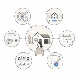 Infographic showing a person centered among six circular icons around a house, representing steps in the home buying/mortgage process.