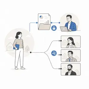 Illustration of a person sending a document securely to a team: a central secure link connects a file icon and a laptop to four remote team members, via a lock symbol for security.