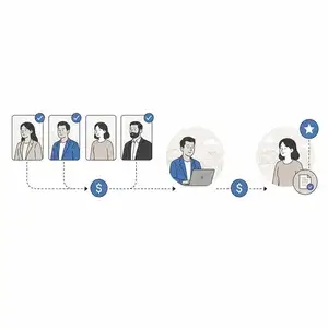 Illustration of a multi-step workflow: users connected to dollar icons, leading to a person at a laptop and a final user with a star badge.