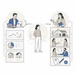 Process diagram of a person moving from a left team of analysts with dashboards to a right team with collaborative steps and a checklist.