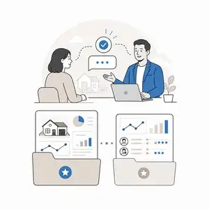 Two professionals discuss analytics at a laptop, with two folders showing charts and a house icon for reports in a business meeting illustration.